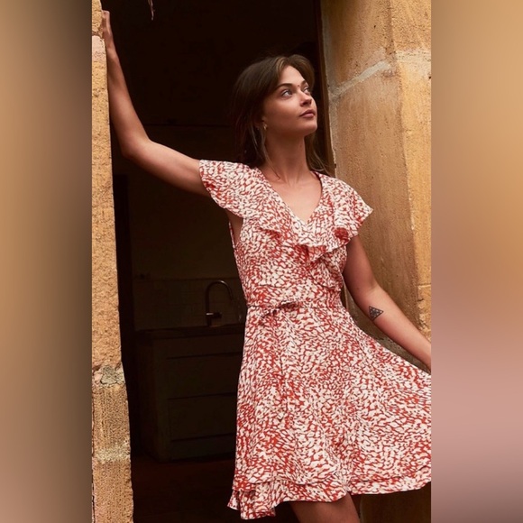 Free People Dresses & Skirts - Free People Wrap Mini Dress Ruffle Boho French Quarter Romantic Orange Resort XS